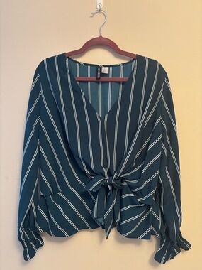 H&M Dark Green and White Striped Tie-Front Blouse